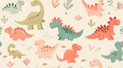 Baby dinosaur pattern, featuring adorable, animated baby dinosaurs in playful poses, taking children back in time in a fun and friendly manner. Cute seamless pattern of Baby dinosaur