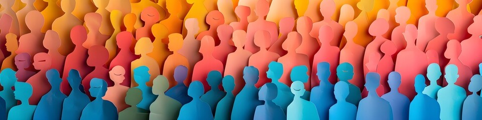 Banner background of a colorful crowd of people made of cut-out paper representing a dense mob gathered at a public event