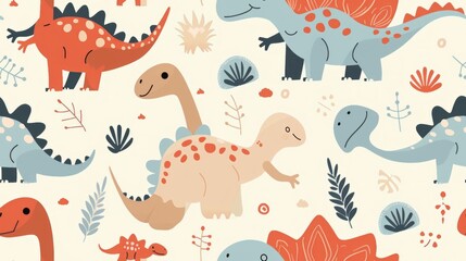 Baby dinosaur pattern, featuring adorable, animated baby dinosaurs in playful poses, taking children back in time in a fun and friendly manner. Cute seamless pattern of Baby dinosaur