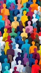 Banner background of a colorful crowd of people made of cut-out paper representing a dense mob gathered at a public event