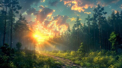 Obraz premium Sunbeams Illuminate a Forest Path at Sunset