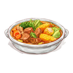 A detailed illustration of Sancocho, a traditional Dominican stew, isolated on a transparent background.