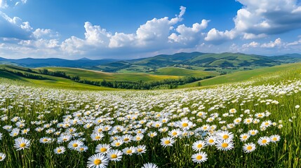 A vibrant landscape filled with blooming daisies under a blue sky and rolling hills.
