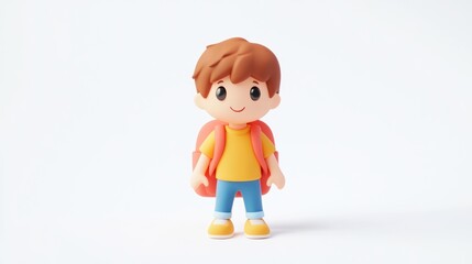 Cute Child Toy Figurine in Bright Colored Outfit with Backpack Against White Background