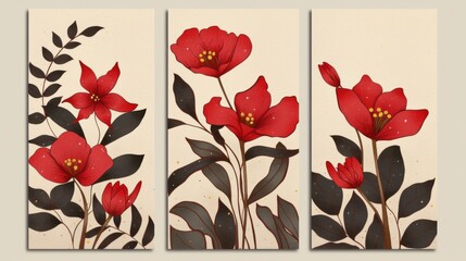 Set of Three Red Floral Wall Art Panels with Black Leaves on Beige Background