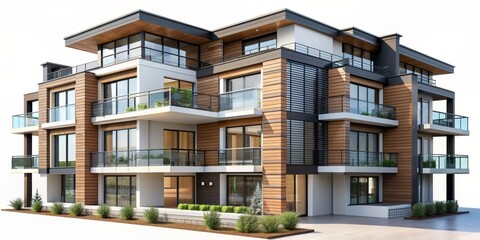Modern residential building exterior illustration with sleek design, prominent windows, and spacious balconies, set against a pure white background, perfect for a large family's new home.