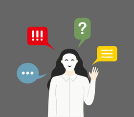 Businesswoman wearing fake smiling face mask hiding real emotion talking. Liar, hypocrite, betrayal, fraud concepts. Flat character vector design illustrations with speech bubble background.