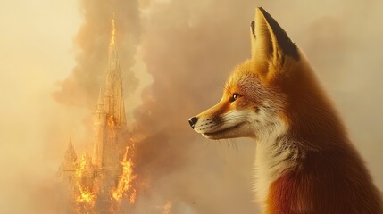 A thoughtful fox engaged in planning, set against the dramatic backdrop of a burning castle. The scene features the fox deep in contemplation with a light-colored background, emphasizing the contrast 