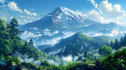 Lush Green Forest With A Snow-Capped Mountain In The Distance