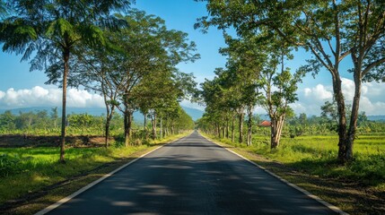 Obraz premium Quiet asphalt road with cool green trees around, Indonesian street concept background wallpaper AI generated image
