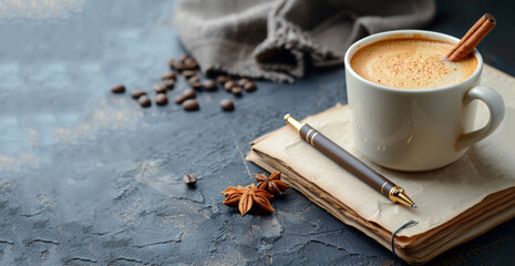 New Years resolutions. notebook and coffee cup at light grey table with Christmas decor, top view. New Year aims concept. Xmas greeting card