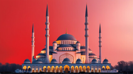 Fototapeta premium stunning mosque stands out against a bold red backdrop.
