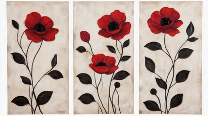 Set of Three Red Floral Wall Art Panels with Black Leaves on Beige Background