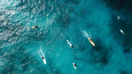 Top view drone shot of surfers paddling