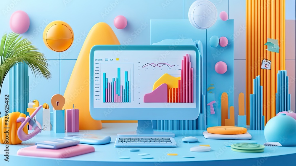 Aufkleber colorful 3d scene with computer and abstract shapes