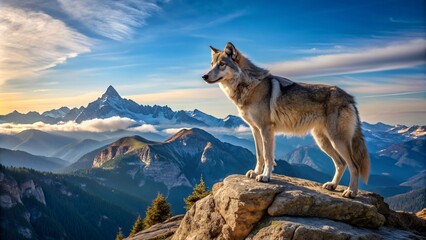 Naklejka premium A majestic gray wolf stands alone atop a rugged rocky mountain peak, gazing out at the vast wilderness landscape under a clear blue sky.