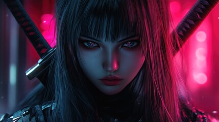 Female samurai ninja asian cyberpunk anime style assassin cute face background wallpaper AI generated image