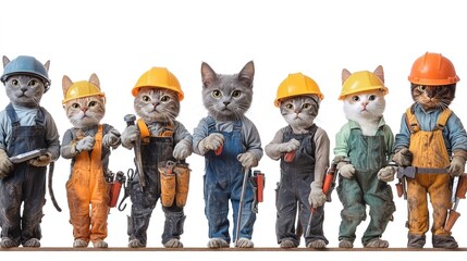 Full-length cats equipped with helmets and tools, each displaying a unique and playful design. The image features the cats in various poses, ready for action with their tools