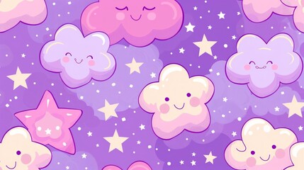 create a pretty pink and purple pastel kawaii whimsical seamless pattern using stars and clouds and use pink outlines for cartoon images.