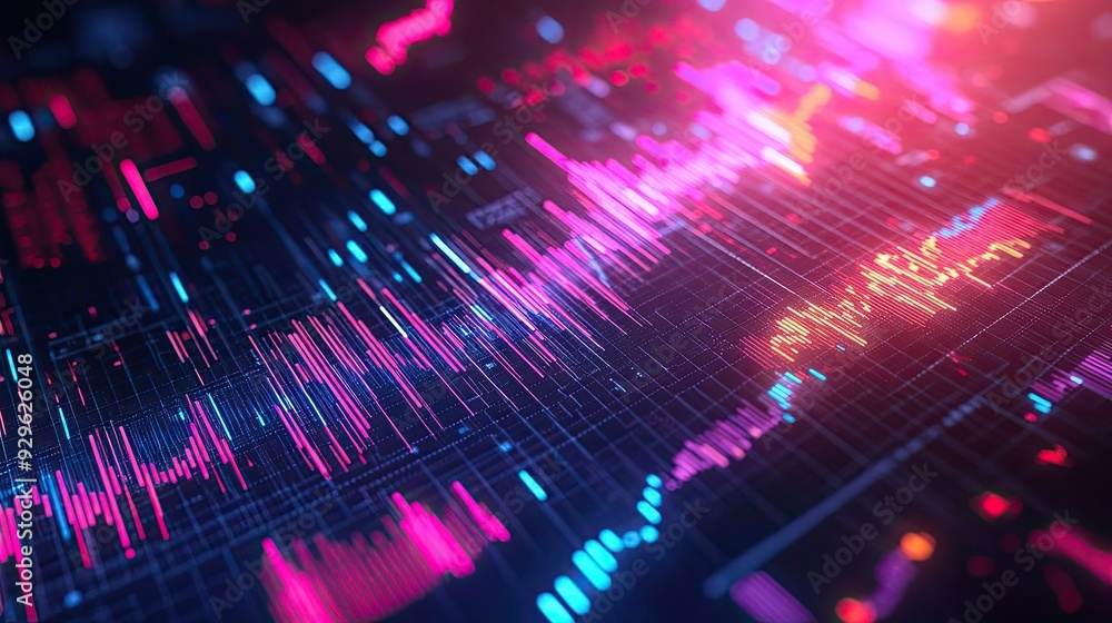 Poster abstract digital data visualization with colorful lines and grid