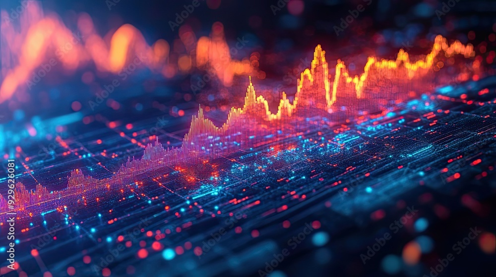 Poster abstract digital data visualization with red and blue lines and lights
