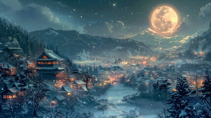 Obraz premium Snowy Night Landscape with a Full Moon Over a Japanese Village