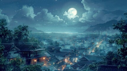 A Tranquil Nighttime View of a Traditional Asian Village with a Full Moon
