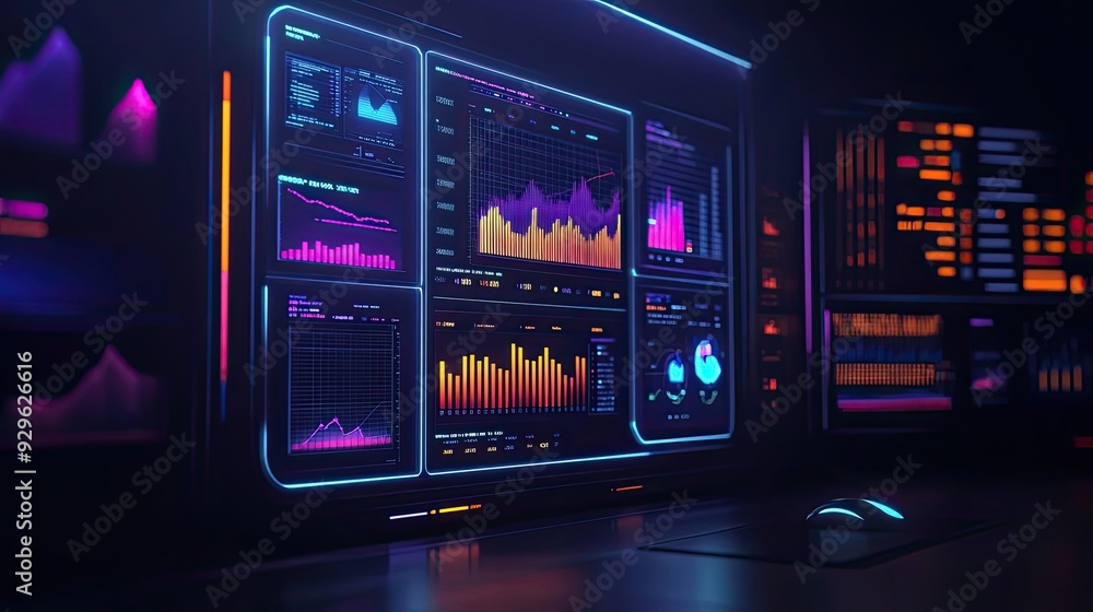 Poster futuristic interface with data visualizations and a mouse