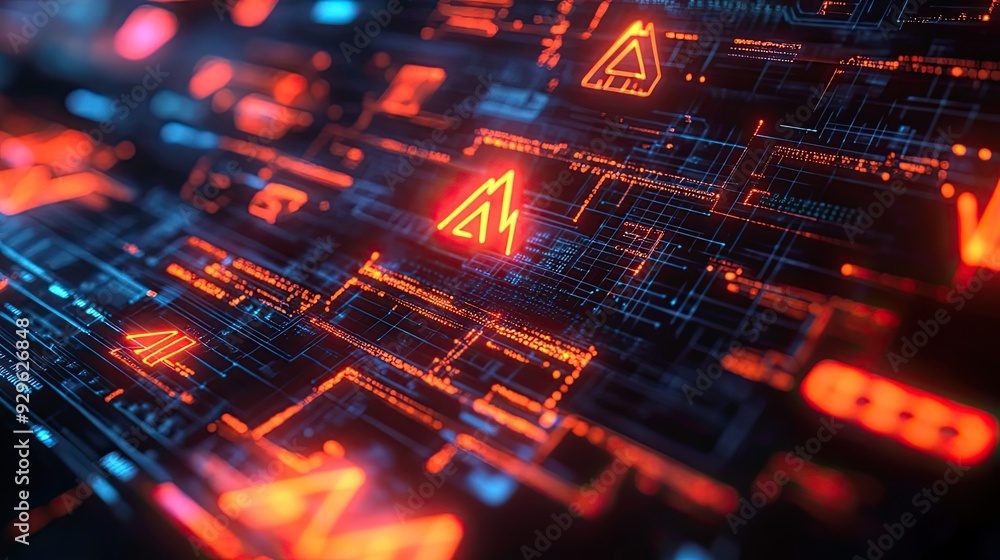 Aufkleber glowing warning symbols and circuitry on a digital interface