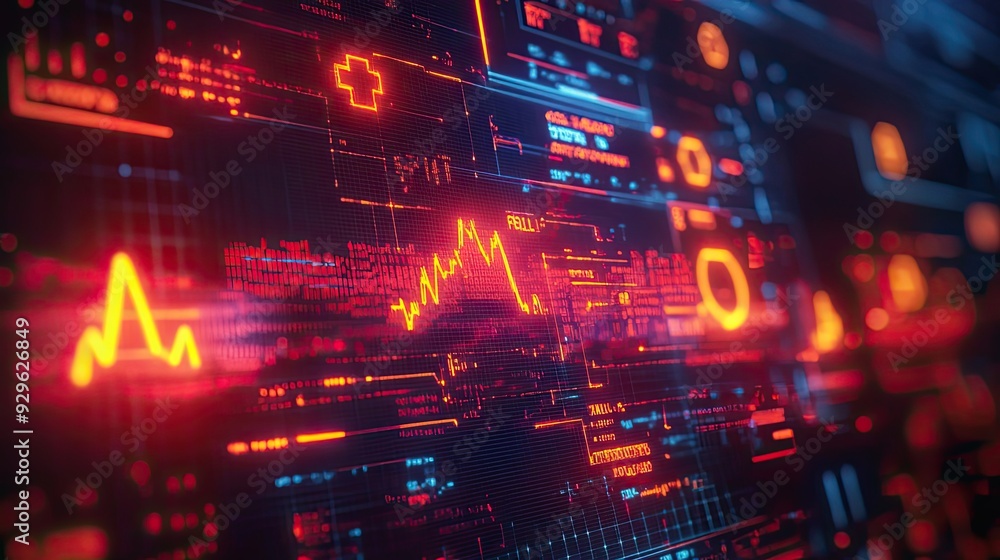 Poster glowing red and orange digital interface with data and graphs
