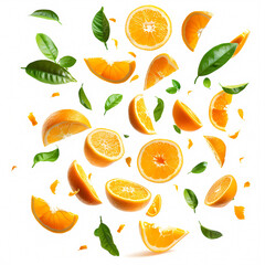 Fresh orange slices and green leaves flying on white background
