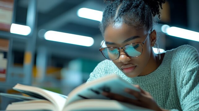 Focused student reading a book in library