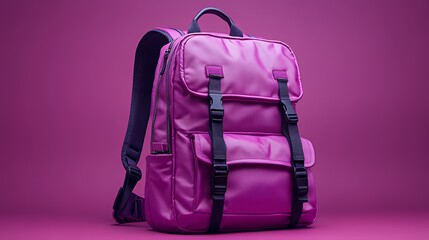 A vibrant pink backpack with multiple compartments and straps, suitable for travel or school.