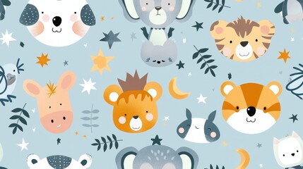 cute pattern of soft cartoon baby animals, used for a pattern on a babies hat