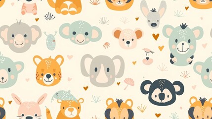 cute pattern of soft cartoon baby animals, used for a pattern on a babies hat