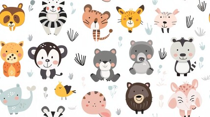 cute pattern of soft cartoon baby animals, used for a pattern on a babies hat