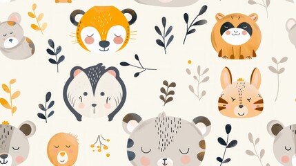cute pattern of soft cartoon baby animals, used for a pattern on a babies hat