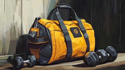 Yellow Gym Bag with Dumbbells