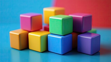 Obraz premium Colorful Cubes Stacked on a Blue Surface
