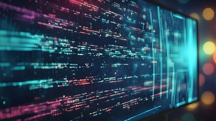 A computer monitor displays a colorful, pixelated image of a digital screen