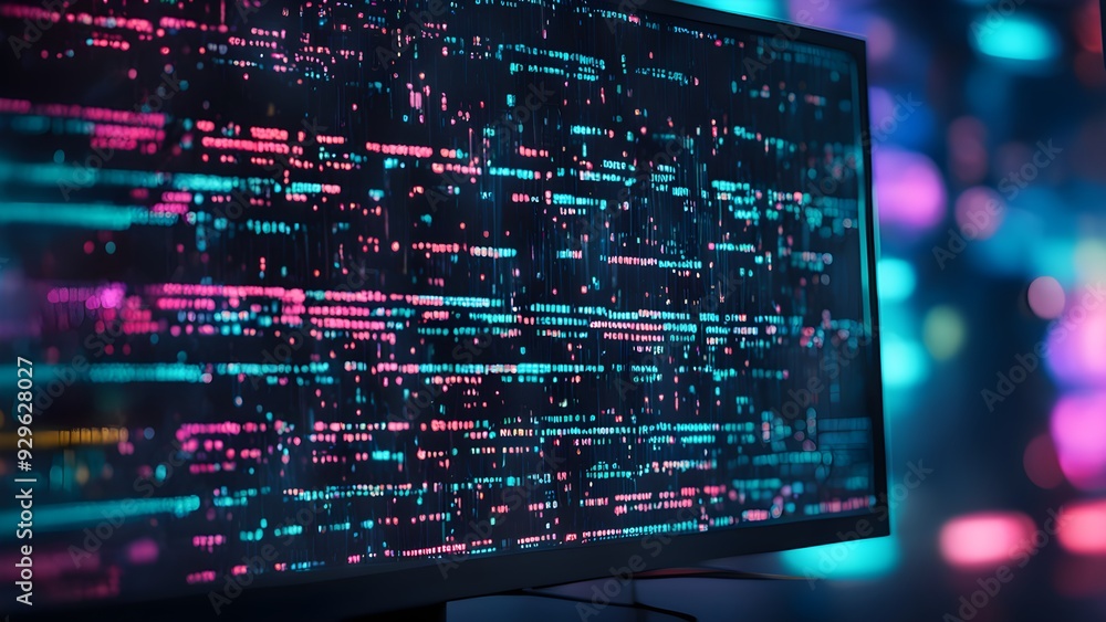 Wall mural a computer monitor displays a colorful, pixelated image