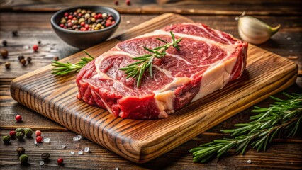 Juicy prime cut of beef from the rib section, richly marbled and tender, rests on a decorative wood cutting board, awaiting culinary delight.