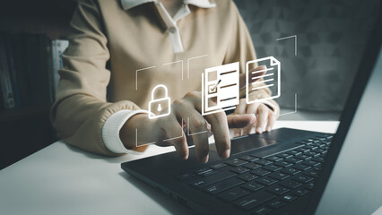 Verification of information with finger print by laptop, Internet security, online financial transaction, 2-step verification, confirm transaction and identity