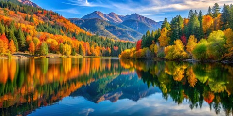 Naklejka premium Tranquil mountain lake with vibrant fall colors reflected in serene waters