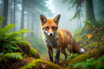 A fiery red fox with bushy tail and curious gaze explores the misty forest floor, surrounded by vibrant green foliage and towering ancient woods.