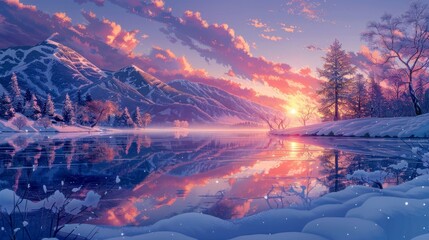 Winter Sunset Over a Frozen Lake and Mountain Range