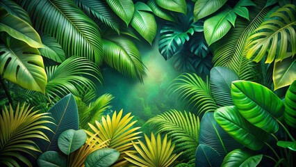 Lush tropical background with vibrant green leaves, jungle foliage, and exotic botanicals