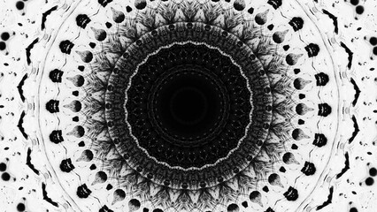 Symmetrical mandala pattern in black white ink floral ornament art illustration abstract background.
