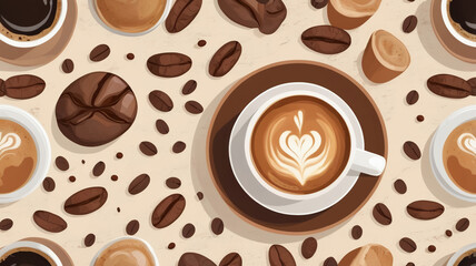 Top view of coffee cups with latte art and scattered coffee beans, seamless pattern on beige background, coffee lover design
