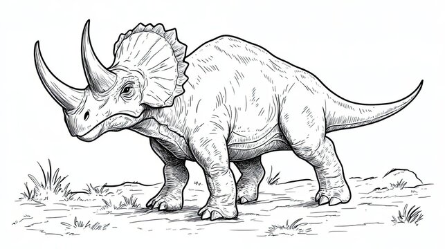 recommend clip art: Line Art Illustration of a Triceratops Dinosaur in a Grassy Landscape